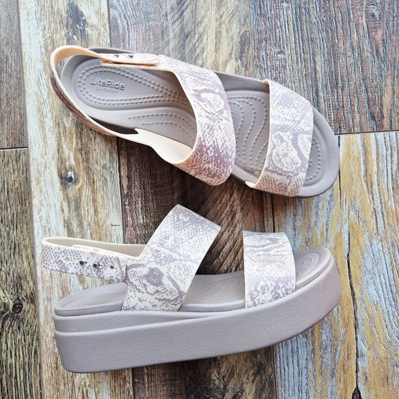 Crocs Brooklyn Snake Printed Low Wedge Platform Sandals Sling Back Beige - Picture 4 of 12